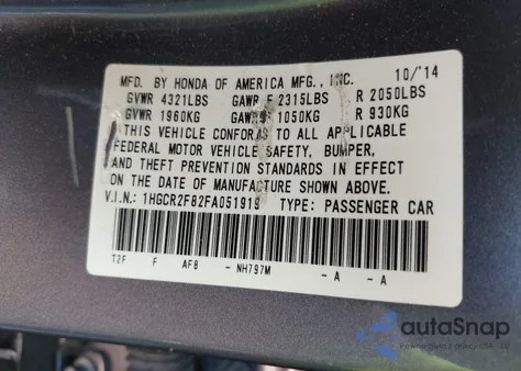 2015 Honda Accord Ex-L from USA, damaged, VIN 1HGCR2F82FA051919